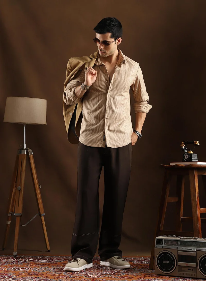 Campus Sutra Campus Sutra Men's Sand Beige Rhythm-Weave Shirt For Casual Wear | Mid-Rise | Regular Fit | Button Closure | Shirt Crafted With Comfort Fit For Everyday Wear