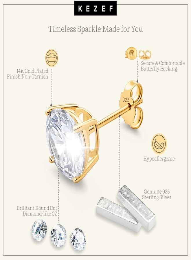 KEZEF Sterling Silver Stud Earrings for Women & Men | 9mm Cubic Zirconia Earrings Studs 4-Prong Setting - 14K Yellow Gold Premium CZ S925 Hypoallergenic - Image 4