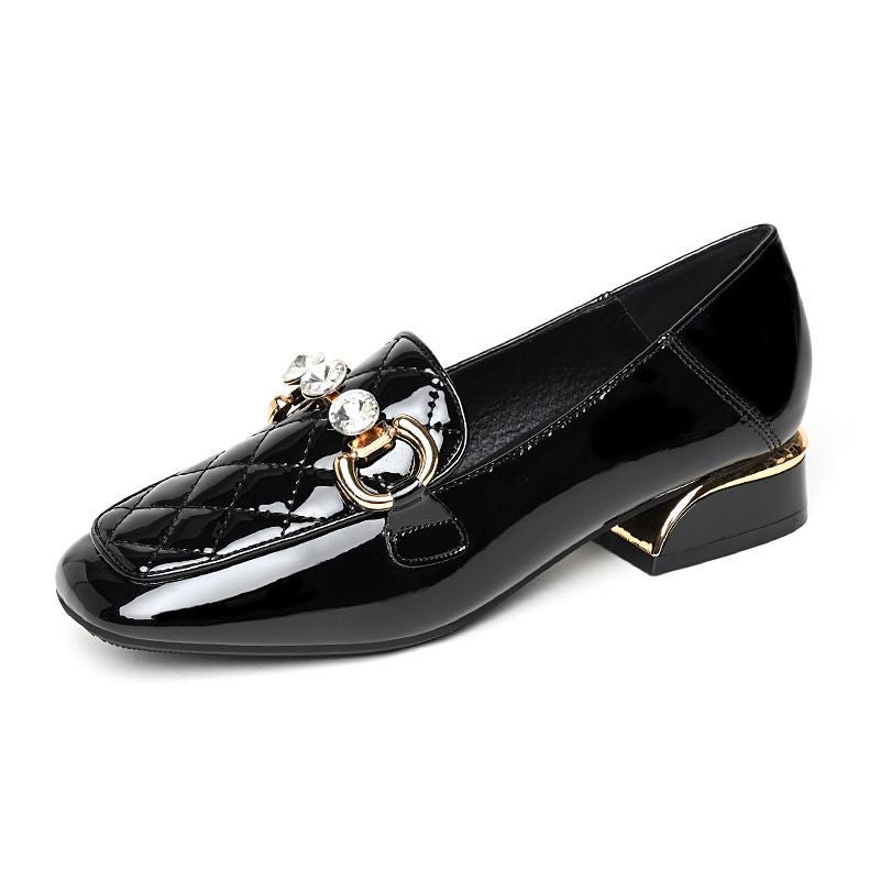 Autumn New Patent Leather Womens Single-layer Shoes plus size Pearl Round Head Comfortable Thick Heel Soft Bottom Soft Leather Professional Womens Shoes Leather Shoes Black (2.5cm high)