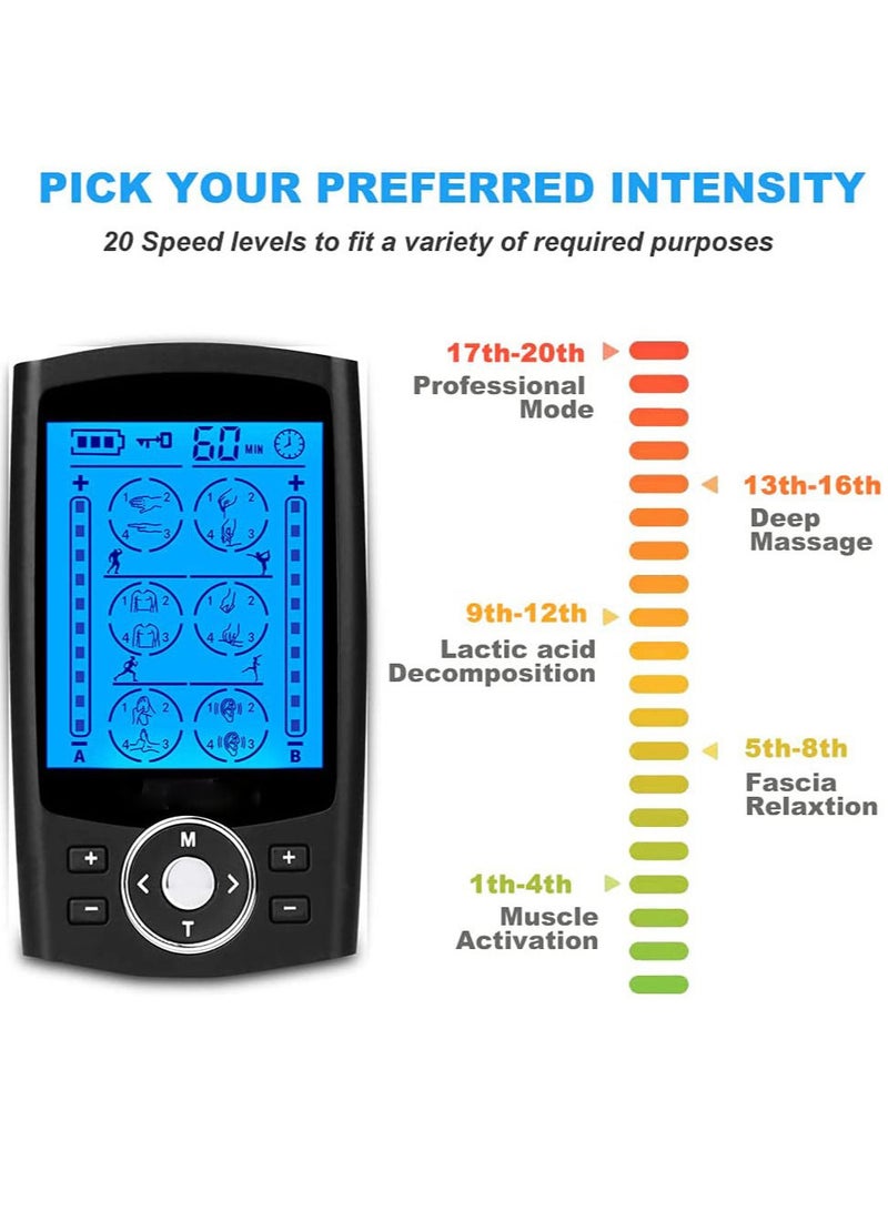 24 Modes Dual Channel Acupuncture Machine TENS Muscle Pain Relief Therapy Stimulator EMS Electronic Pulse Rechargeable Full Body Massage with 10 Pads Black - Image 4