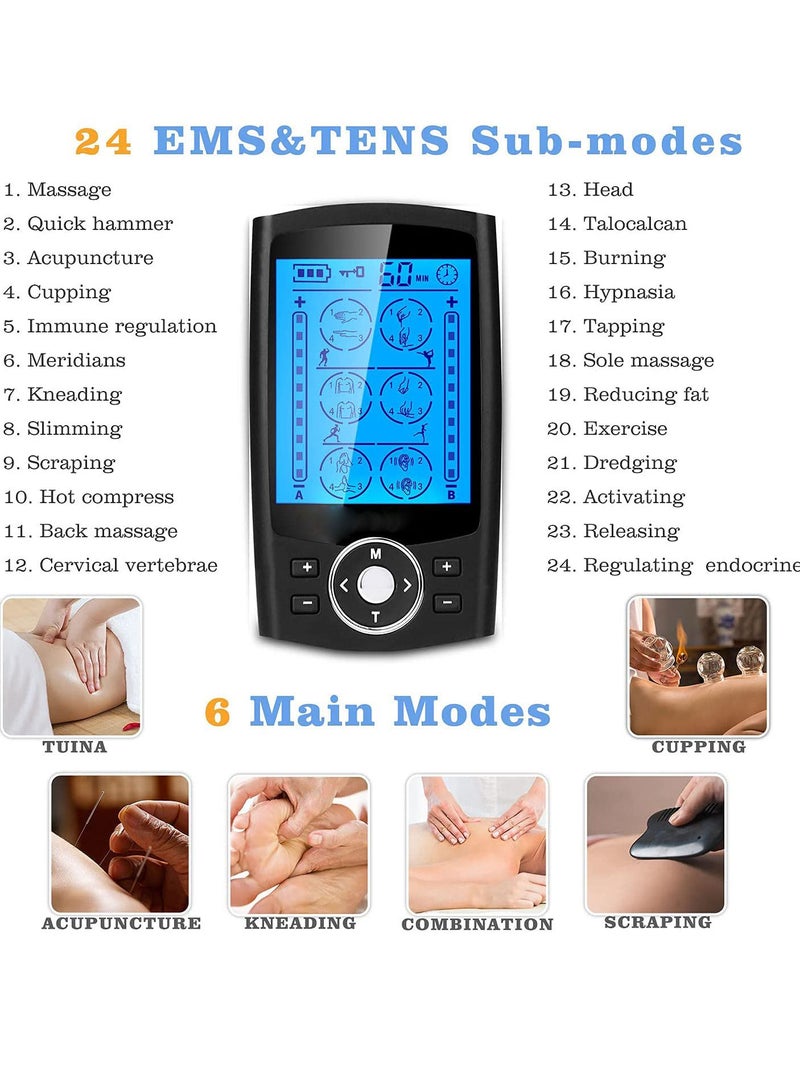 24 Modes Dual Channel Acupuncture Machine TENS Muscle Pain Relief Therapy Stimulator EMS Electronic Pulse Rechargeable Full Body Massage with 10 Pads Black - Image 3