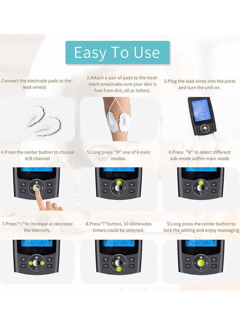 24 Modes Dual Channel Acupuncture Machine TENS Muscle Pain Relief Therapy Stimulator EMS Electronic Pulse Rechargeable Full Body Massage with 10 Pads Black - Image 5