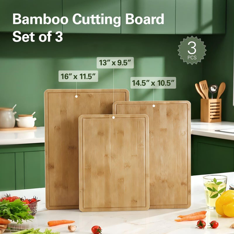 Zarler Bamboo Cutting Boards for Kitchen, 3 Piece Durable Wood Cutting Board with Juice Grooves and Handles, Wooden Chopping Board Set for Meal Prep, XL Size, Ideal Kitchen Gift - Image 5