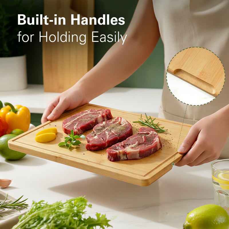 Zarler Bamboo Cutting Boards for Kitchen, 3 Piece Durable Wood Cutting Board with Juice Grooves and Handles, Wooden Chopping Board Set for Meal Prep, XL Size, Ideal Kitchen Gift - Image 4