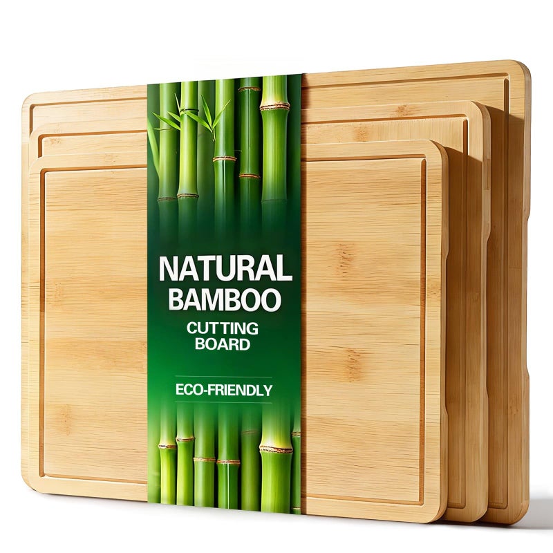 Zarler Bamboo Cutting Boards for Kitchen, 3 Piece Durable Wood Cutting Board with Juice Grooves and Handles, Wooden Chopping Board Set for Meal Prep, XL Size, Ideal Kitchen Gift - Image 1