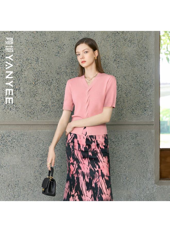 Yanyee Pink Cable Knit Sweater For Women, Summer Collection, Elegant Slimming Long-sleeve V-neck Top, Pink, Size S - Image 1