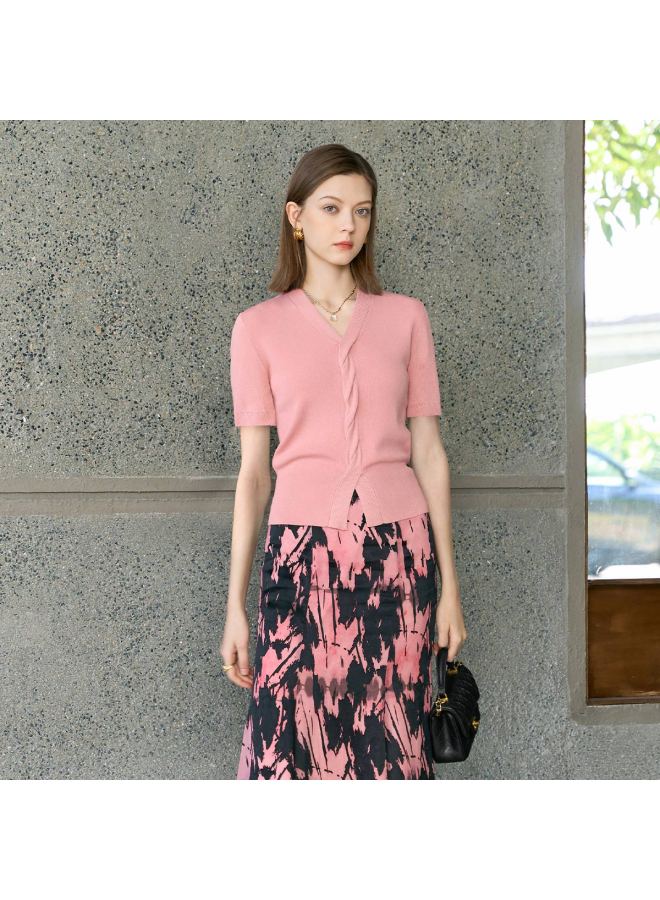 Yanyee Pink Cable Knit Sweater For Women, Summer Collection, Elegant Slimming Long-sleeve V-neck Top, Pink, Size S - Image 2