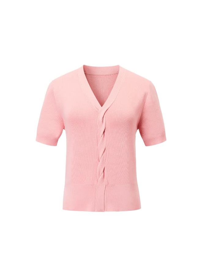 Yanyee Pink Cable Knit Sweater For Women, Summer Collection, Elegant Slimming Long-sleeve V-neck Top, Pink, Size S - Image 4