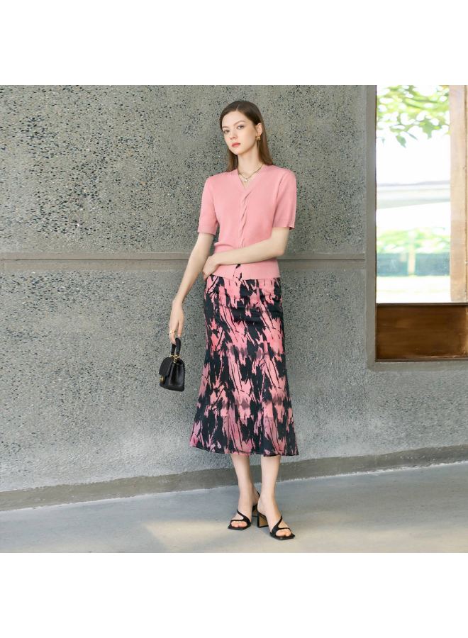 Yanyee Pink Cable Knit Sweater For Women, Summer Collection, Elegant Slimming Long-sleeve V-neck Top, Pink, Size S - Image 3