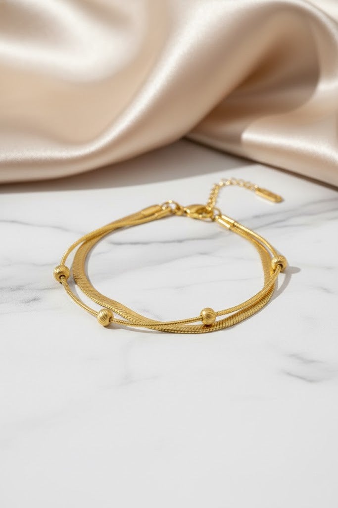 FLUFFY Women’s Bracelet, Elegant Layered Design, Flat Chain with Balls - Image 2