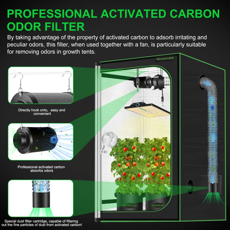 MELONFARM 6" Air Carbon Filter Smelliness Control with Australia Virgin Charcoal, Odor Removal Carbon Filter for Grow Tent, Inline Fan, Hydroponics, Pre-Filter Included, Insulated Flange 6" x 11.8" - Image 2