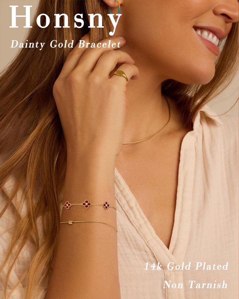 Honsny Gold Birthstone Clover Bracelets for Women Trendy Non Tarnish 14K Gold Plated Dainty Charm Stackable Bracelets for Women Waterproof Jewelry Green Emerald Bracelet Birthday Valentine's Day Gift - Image 5