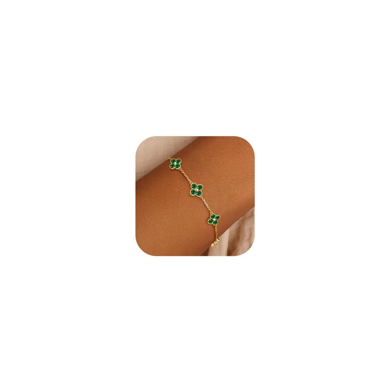 Honsny Gold Birthstone Clover Bracelets for Women Trendy Non Tarnish 14K Gold Plated Dainty Charm Stackable Bracelets for Women Waterproof Jewelry Green Emerald Bracelet Birthday Valentine's Day Gift - Image 1