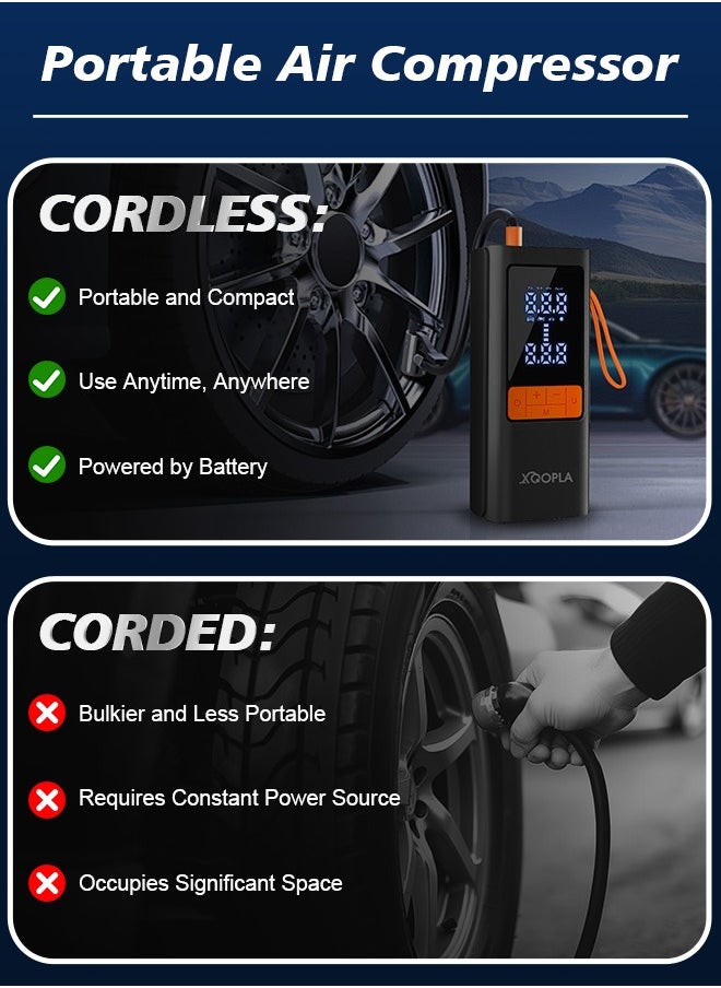 Xoopla Digital Car Tire Inflator , Cordless Portable Air Compressor , Electric Air Pump with 6000mAh/22.2Wh/11.1V Battery Power Bank and Auto Stop Fuction, SOS Emergency LED Light/LCD Screen/4 Nozzle,Cycle Tyre Inflator for Car,Motorcycle,Bicycle,Ball  - Image 3
