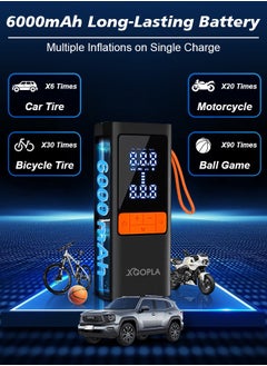 Xoopla Digital Car Tire Inflator , Cordless Portable Air Compressor , Electric Air Pump with 6000mAh/22.2Wh/11.1V Battery Power Bank and Auto Stop Fuction, SOS Emergency LED Light/LCD Screen/4 Nozzle,Cycle Tyre Inflator for Car,Motorcycle,Bicycle,Ball  - Image 4