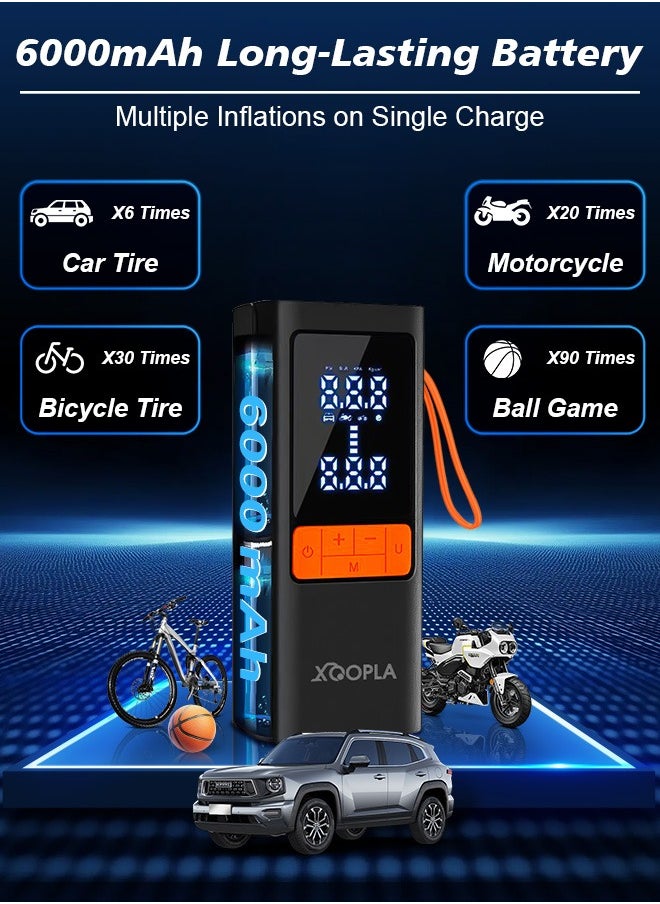 Xoopla Digital Car Tire Inflator , Cordless Portable Air Compressor , Electric Air Pump with 6000mAh/22.2Wh/11.1V Battery Power Bank and Auto Stop Fuction, SOS Emergency LED Light/LCD Screen/4 Nozzle,Cycle Tyre Inflator for Car,Motorcycle,Bicycle,Ball  - Image 4