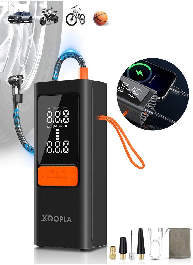 Xoopla Digital Car Tire Inflator , Cordless Portable Air Compressor , Electric Air Pump with 6000mAh/22.2Wh/11.1V Battery Power Bank and Auto Stop Fuction, SOS Emergency LED Light/LCD Screen/4 Nozzle,Cycle Tyre Inflator for Car,Motorcycle,Bicycle,Ball  - Image 1
