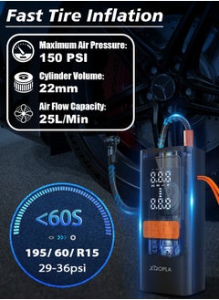 Xoopla Digital Car Tire Inflator , Cordless Portable Air Compressor , Electric Air Pump with 6000mAh/22.2Wh/11.1V Battery Power Bank and Auto Stop Fuction, SOS Emergency LED Light/LCD Screen/4 Nozzle,Cycle Tyre Inflator for Car,Motorcycle,Bicycle,Ball  - Image 2