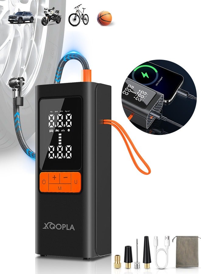 Xoopla Digital Car Tire Inflator , Cordless Portable Air Compressor , Electric Air Pump with 6000mAh/22.2Wh/11.1V Battery Power Bank and Auto Stop Fuction, SOS Emergency LED Light/LCD Screen/4 Nozzle,Cycle Tyre Inflator for Car,Motorcycle,Bicycle,Ball - Image 1