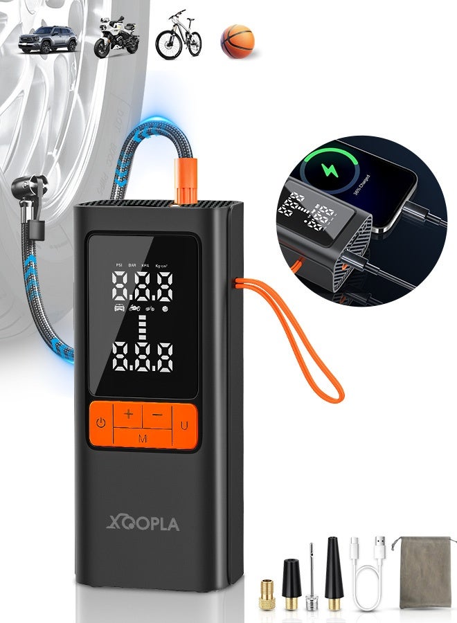 اكسوبلا منفاخ إطارات السيارة الرقمي، ضاغط هواء محمول لاسلكي، مضخة هواء كهربائية مع بنك طاقة للبطارية 6000 مللي أمبير/ساعة/11.1 فولت ووظيفة إيقاف تلقائي، ضوء LED للطوارئ SOS/شاشة LCD/4 فوهات، منفاخ إطارات للدراجات النارية والسيارات والدراجات الهوائية والكرات - Image 1