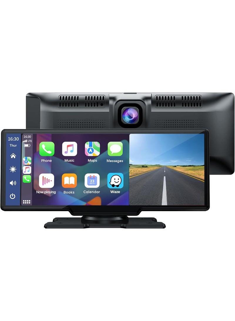 مسجل سيارة لاسلكي مقاس 9.26 بوصة مع Apple CarPlay وكاميرا أمامية بدقة 2.5K وكاميرا خلفية 1080P وشاشة تعمل باللمس محمولة مع نظام GPS وبلوتوث وAirPlay وAUX/FM ودعم Google وSiri - Image 1