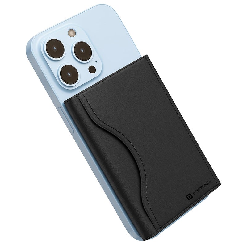 Portronics محفظة بورترونيكس X ثلاثية الطي مع حامل 6 بطاقات، حجب RFID، جلد PU فاخر، تصميم فائق النحافة، متوافقة مع آيفون 16/15/14/13/12 وحلقة معدنية للهواتف غير المغناطيسية (أسود) - Image 1