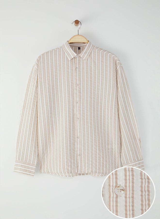 trendyol Beige Regular Fit Striped Seersucker Textured Shirt - Image 1