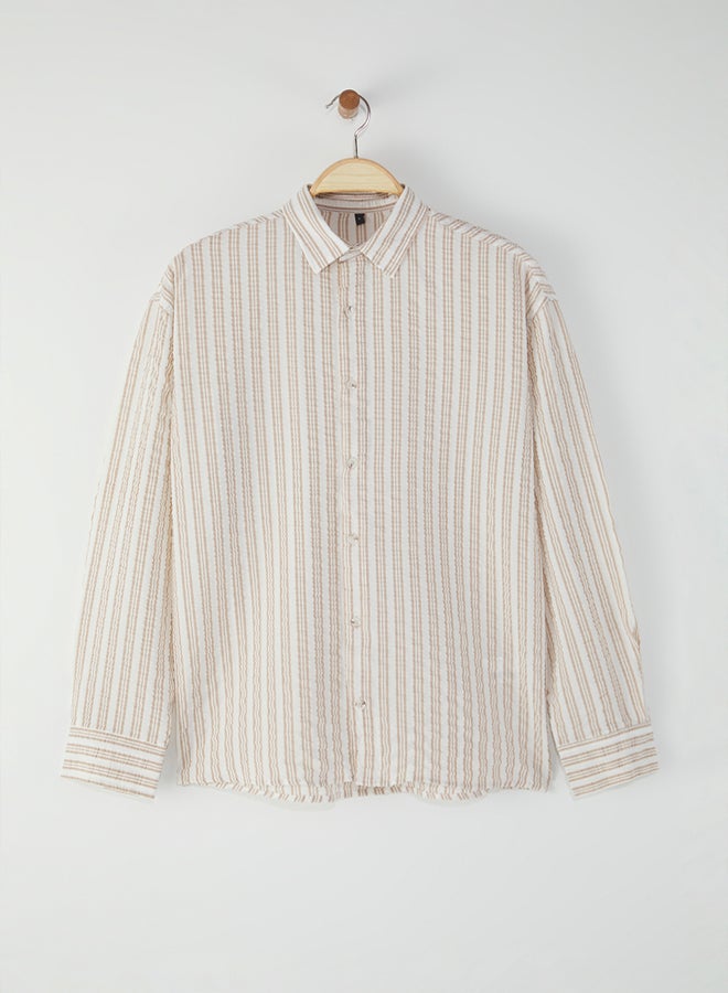 trendyol Beige Regular Fit Striped Seersucker Textured Shirt - Image 2