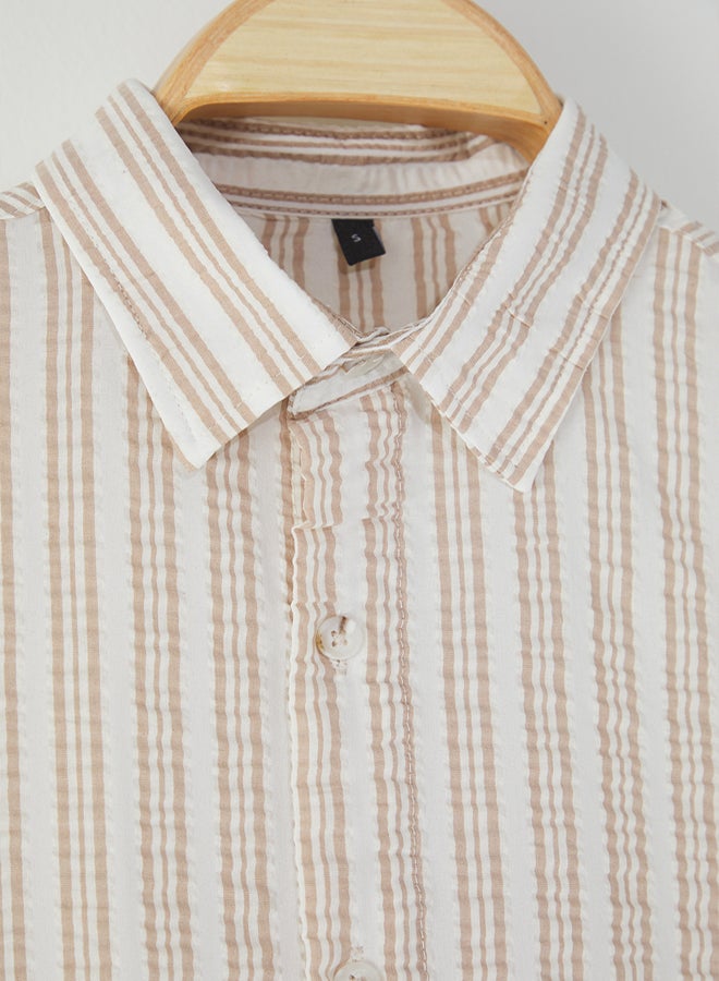 trendyol Beige Regular Fit Striped Seersucker Textured Shirt - Image 3