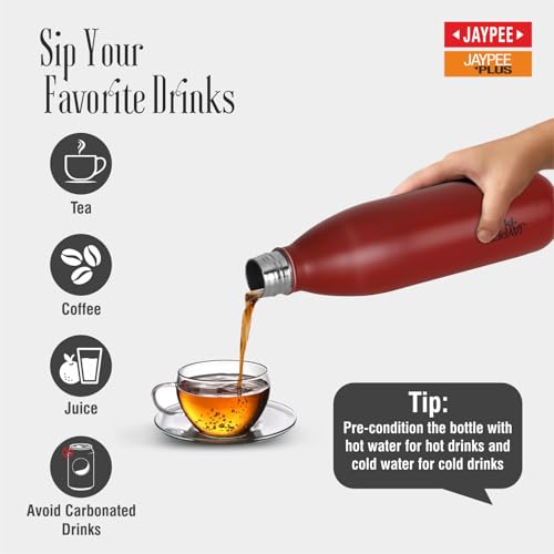 Jaypee Plus Alpha Vaccum Insulated Double Wall Thermosteel Flask 750 ml Water Bottle ISI Certified 24 Hours Hot and Cold Water Bottle for School,Office,Gym, Leakproof, Rustproof Steel Bottle,Cherry - Image 2