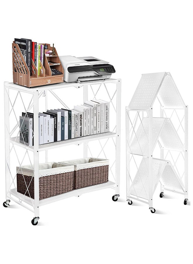 SKY-TOUCH Foldable Storage Shelves 3 Tier, Storage Shelves Kitchen Cabinet Storage Rack with Caster Wheels, Multi-Shelf Foldable Storage Shelves for Living Room Bedroom Kitchen Garage Office White 