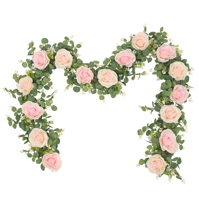 Dolicer 2Pcs 13Ft Artificial Eucalyptus Garlands with Flowers - 8 Roses, Faux Floral Greenery Garlands Fake Flowers Vines for Wedding Table Centerpieces Arch Party Ceremony Backdrop Decor (Pink) - Image 1