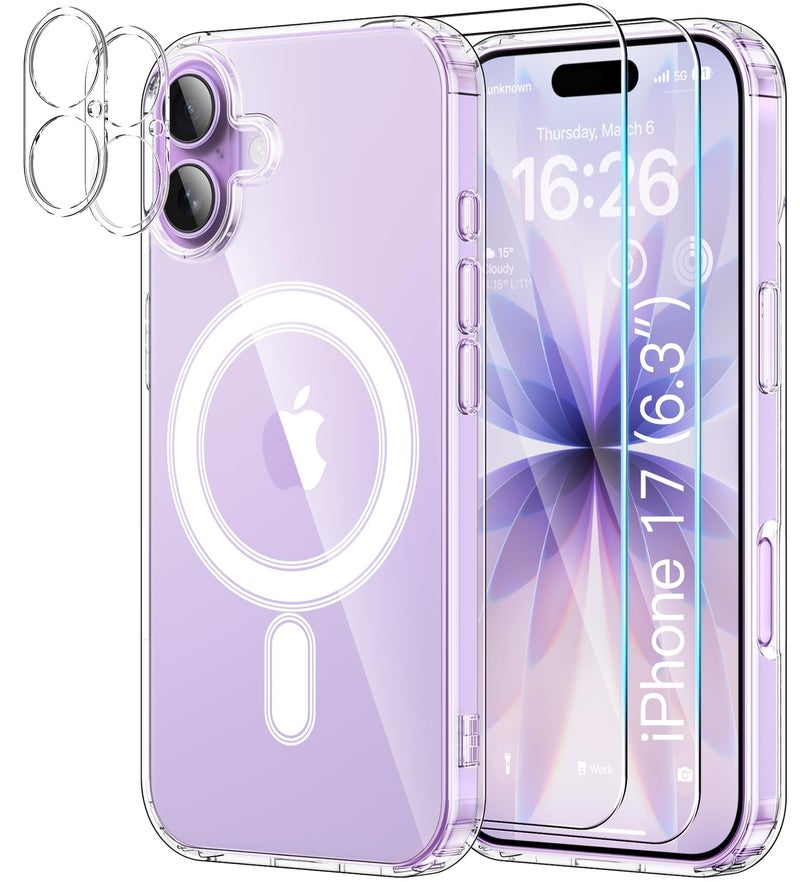 YNMEacc 5 in 1 Magnetic for iPhone 17 Case 6.3-Inch with 2X Screen Protector + 2X Lens Protector, [Compatible with MagSafe] Slim Soft TPU Silicone Shockproof Anti-Scratch Phone Cover - Clear - Image 1