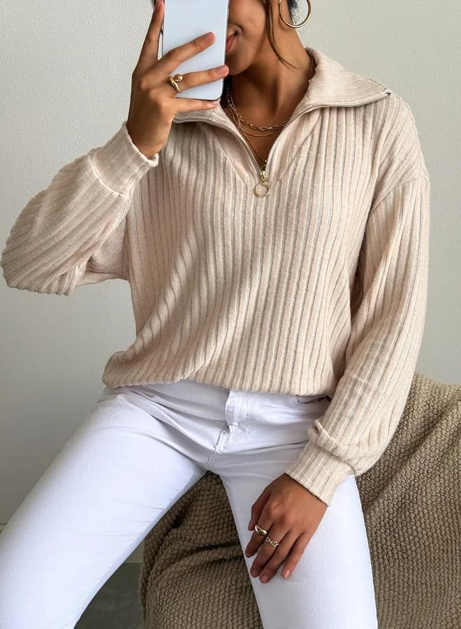 Take Two Women Beige Half-Zip Ribbed Sweatshirt