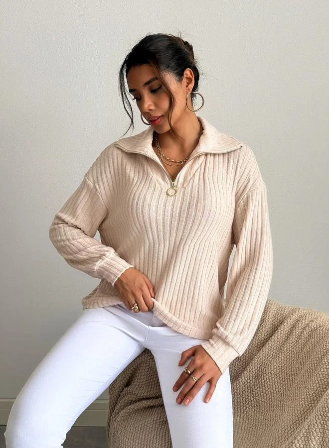 Take Two Women Beige Half-Zip Ribbed Sweatshirt