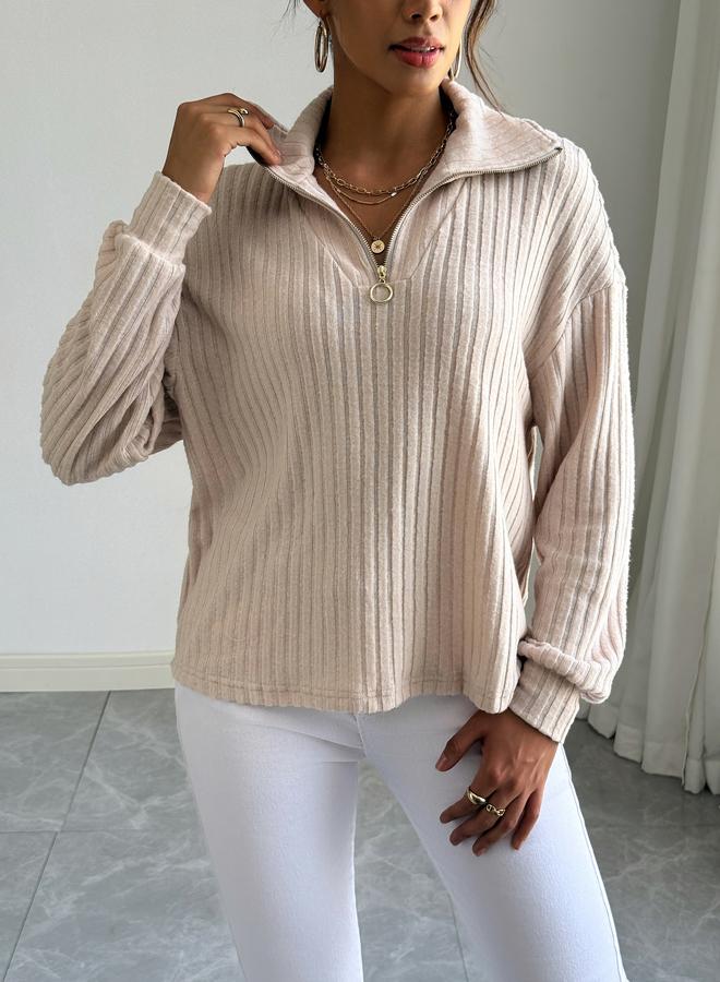 Take Two Women Beige Half-Zip Ribbed Sweatshirt - Image 5