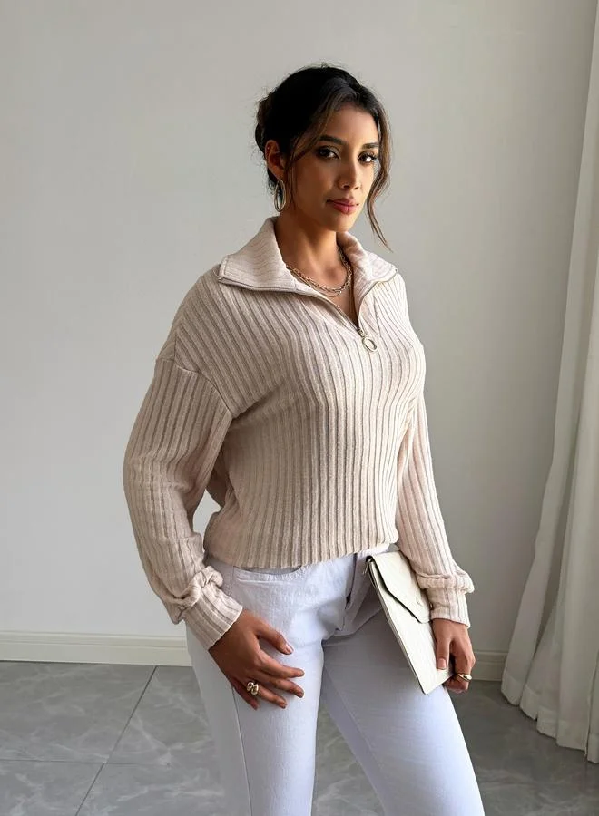 Take Two Women Beige Half-Zip Ribbed Sweatshirt