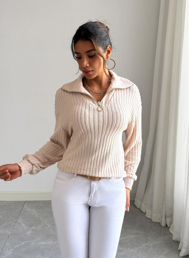 Take Two Women Beige Half-Zip Ribbed Sweatshirt - Image 3