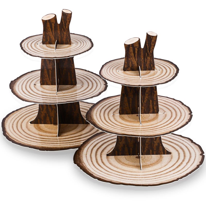 NatNarr 2 Pack Woodland Cupcake Stand Woodland Baby Shower Decorations 3 Tier Wooden Cupcake Stand Western Party Decor for Safari Baby Shower Birthday Forest Camping Party Supplies - Image 1