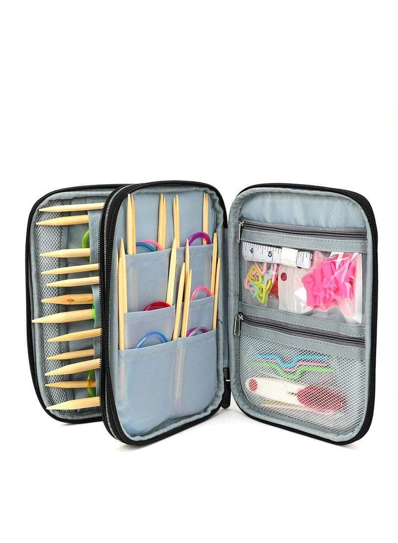 SYOSI Knitting Needle Case, Double Layer Travel Knitting Organizer Storage, Portable Travel Crochet Hooks Storage Bag with Net Pocket and Holder Slots for Crochet Needle Knitting Crochet (Gray) - Image 3