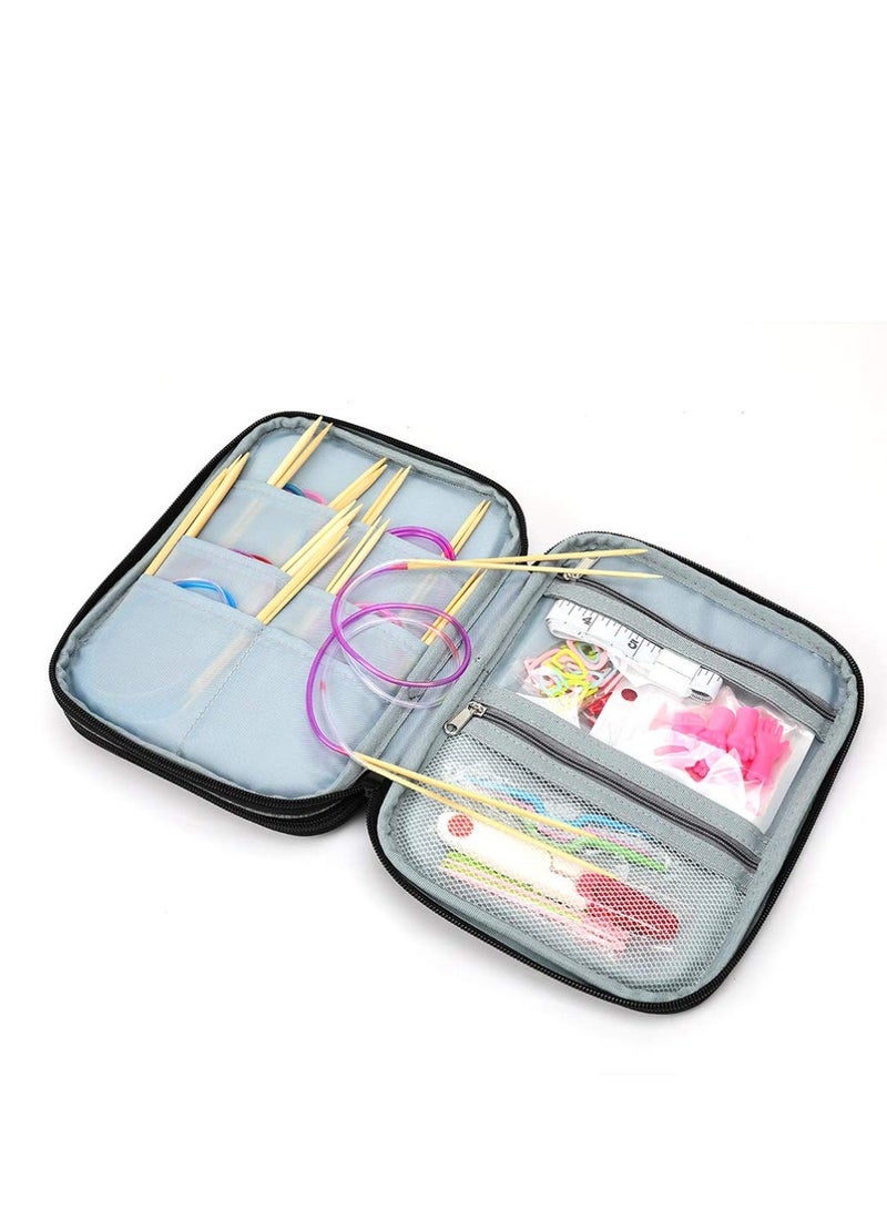 SYOSI Knitting Needle Case, Double Layer Travel Knitting Organizer Storage, Portable Travel Crochet Hooks Storage Bag with Net Pocket and Holder Slots for Crochet Needle Knitting Crochet (Gray) - Image 2