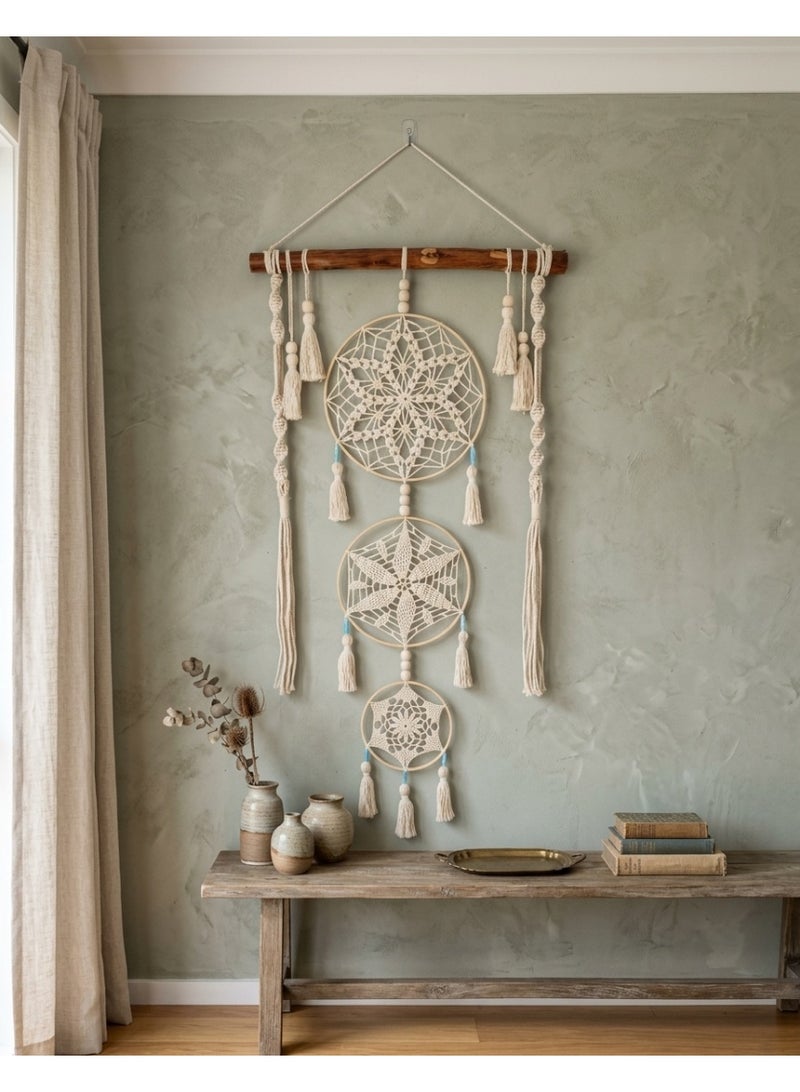 Three Macrame Hoops Dreamcatcher, Handmade Crochet Wall Hanging with Wooden Stick, Mandela Style, Boho, 50cm*140cm (Three Macrame Hoops, Large Size) - Image 4
