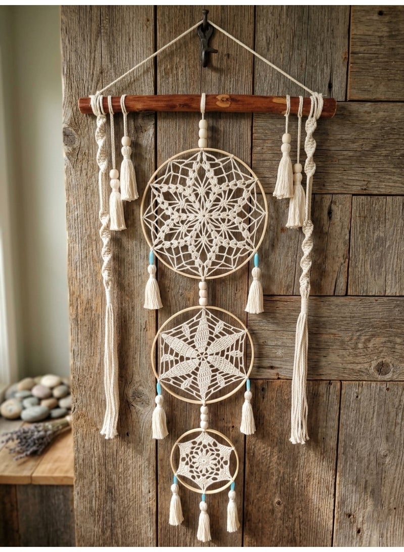 Three Macrame Hoops Dreamcatcher, Handmade Crochet Wall Hanging with Wooden Stick, Mandela Style, Boho, 50cm*140cm (Three Macrame Hoops, Large Size) - Image 1