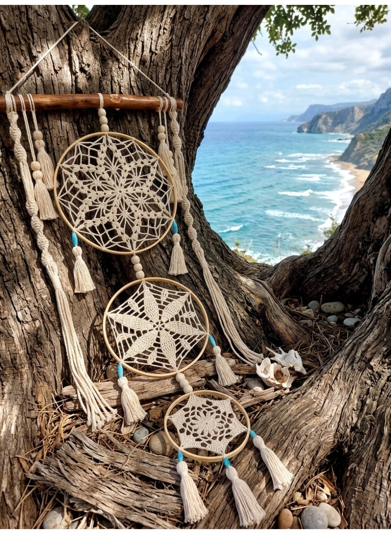 Three Macrame Hoops Dreamcatcher, Handmade Crochet Wall Hanging with Wooden Stick, Mandela Style, Boho, 50cm*140cm (Three Macrame Hoops, Large Size) - Image 5