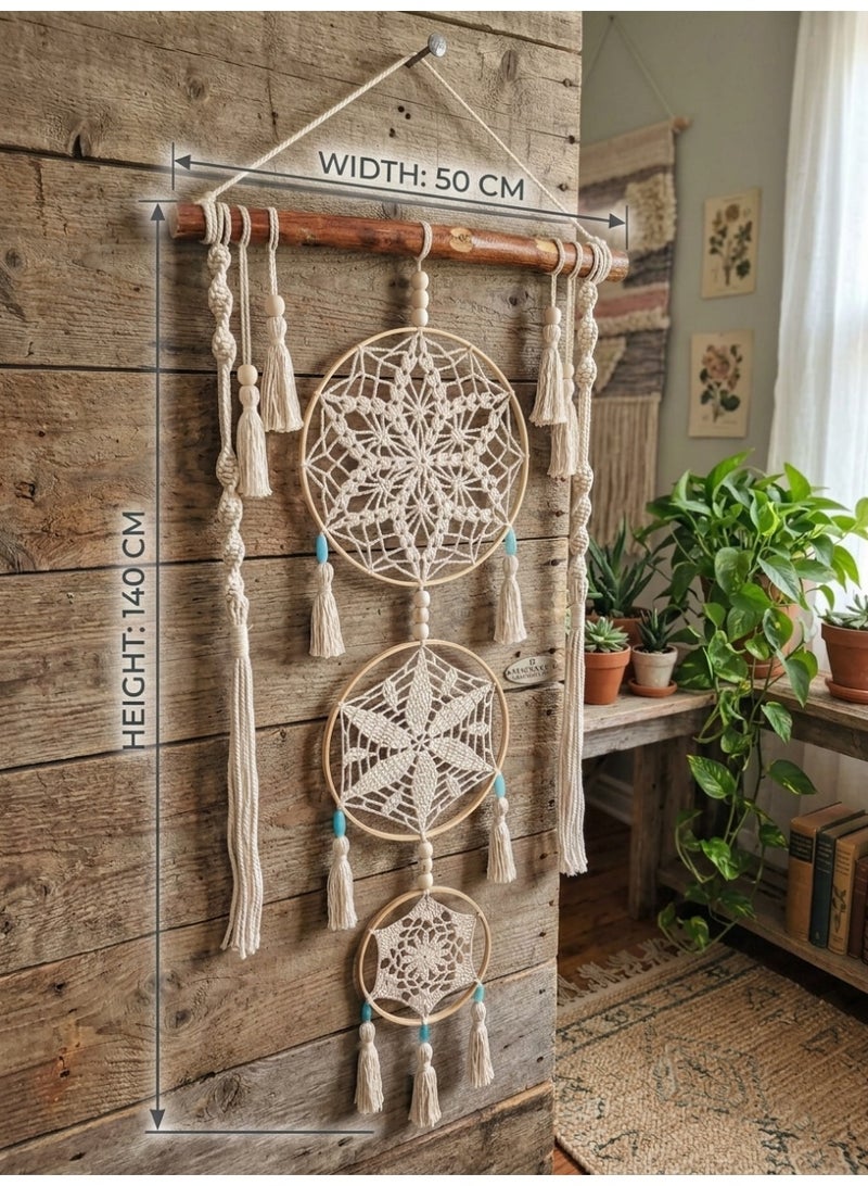 Three Macrame Hoops Dreamcatcher, Handmade Crochet Wall Hanging with Wooden Stick, Mandela Style, Boho, 50cm*140cm (Three Macrame Hoops, Large Size) - Image 3