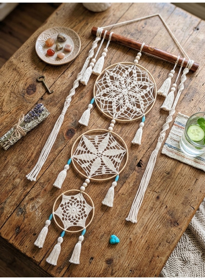 Three Macrame Hoops Dreamcatcher, Handmade Crochet Wall Hanging with Wooden Stick, Mandela Style, Boho, 50cm*140cm (Three Macrame Hoops, Large Size) - Image 2