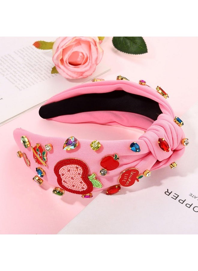YAHPERN Teacher Headband For Women Teacher Accessories Crystal Rhinestone Knotted Headband Beaded Embellished Top Knot Headband Back To School Outfits Teacher Appreciation Gifts (Pink 2)  - Image 5