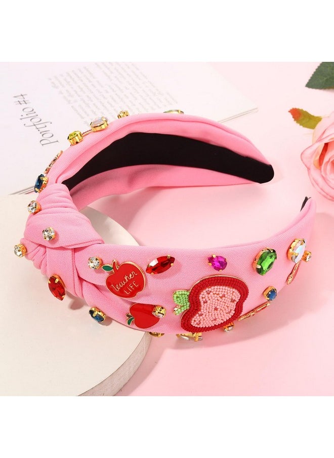 YAHPERN Teacher Headband For Women Teacher Accessories Crystal Rhinestone Knotted Headband Beaded Embellished Top Knot Headband Back To School Outfits Teacher Appreciation Gifts (Pink 2)  - Image 2