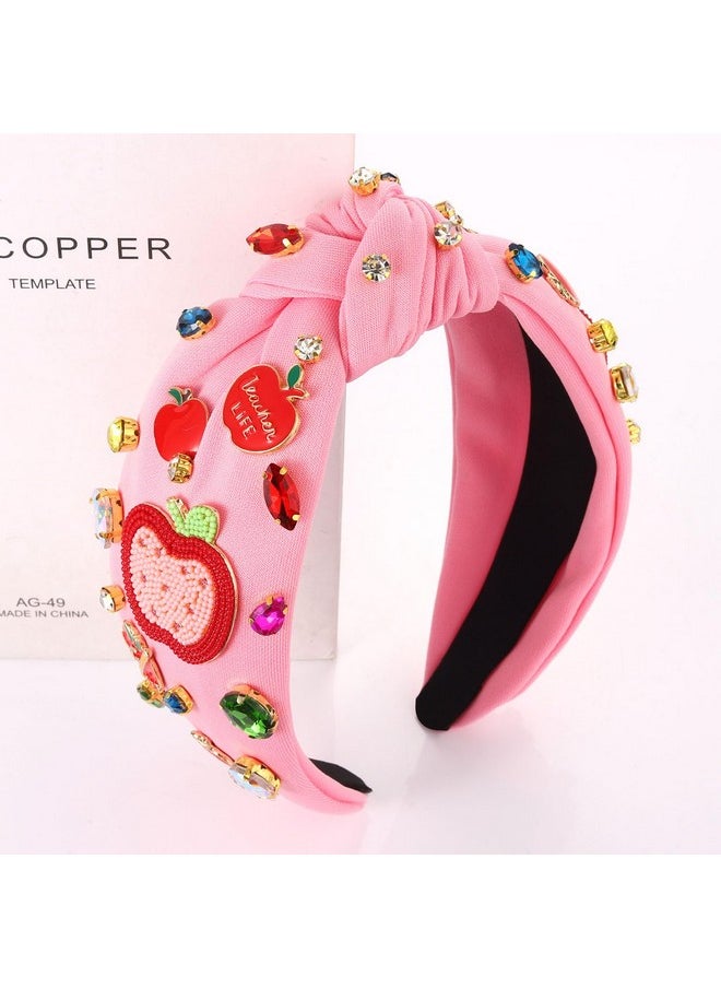YAHPERN Teacher Headband For Women Teacher Accessories Crystal Rhinestone Knotted Headband Beaded Embellished Top Knot Headband Back To School Outfits Teacher Appreciation Gifts (Pink 2)  - Image 3