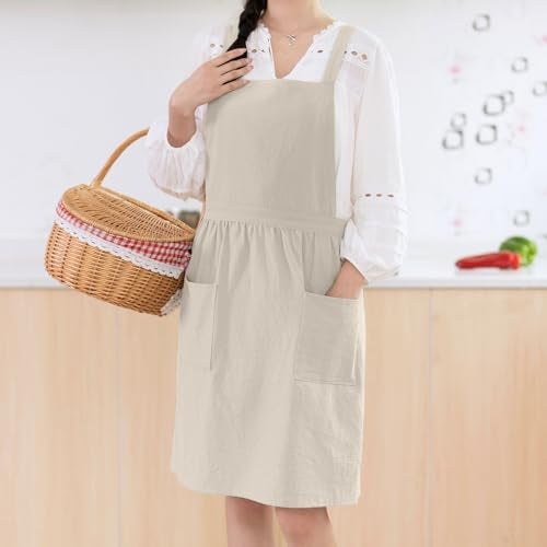 Pinknoke Cotton Linen Pinafore Apron Dress for Women with Pockets Cute Art Chef Aprons for Kitchen Baking Gardening Painting - Image 3